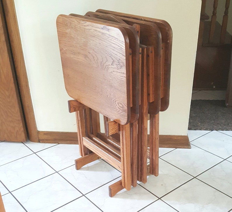 Vintage Tv Trays Oak Wood Folding Tray Tables With Stand Image 0
