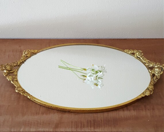 Vintage Oval Mirrored Vanity Tray Dresser Top Tray With Gold Etsy