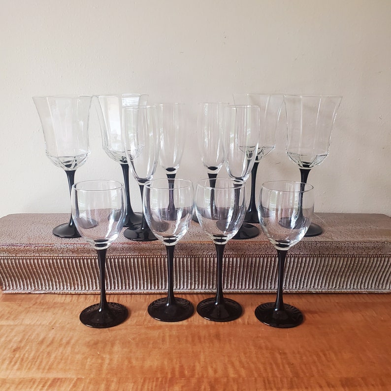 Vintage Black Stem Wine Glasses Luminarc Cristal D'Arques-Durand Set of 12 Three Sizes as Pictured and Described in Listing image 1