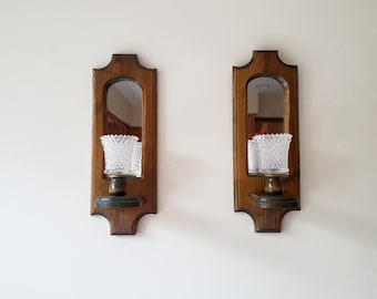 Vintage Mirror Wall Sconces, Wood Candle Sconces, Wall Sconces with Glass Candle Holders and Mirrors