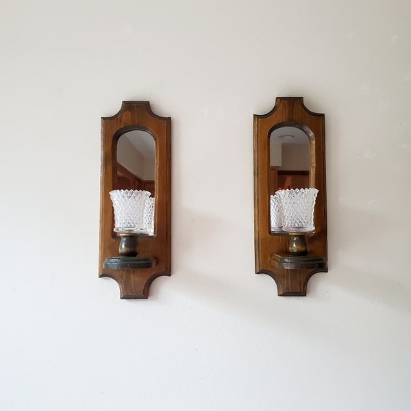 Vintage Mirror Wall Sconces, Wood Candle Sconces, Wall Sconces with Glass Candle Holders and Mirrors