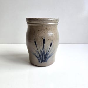 Vintage Rowe Pottery Utensil Crock: 7" Salt Glaze, Cattail Design