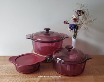 Vintage PYREX Cranberry Visions Cookware Nest Pots Pans Casserole