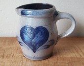 Vintage Rowe Pottery Works Pitcher 6 quot Rowe Pottery Pitcher Salt Glaze with Blue Heart Design