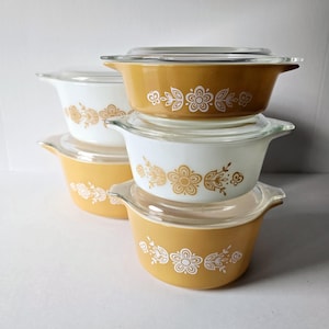 Butterfly Gold casserole set 5 vintage Pyrex Butterfly Gold casseroles + lids  471 472 473 474 475 Excellent