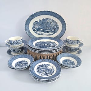 Vintage Currier & Ives Blue dinnerware 21 piece set for 4 guests