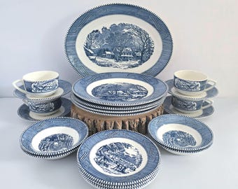 Vintage Currier & Ives Blue dinnerware 21 piece set for 4 guests