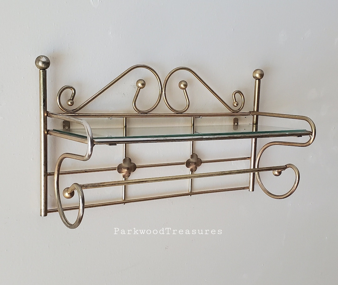 Vintage Metal Wall Shelf Bathroom Metal and Glass Shelf With Towel Bar