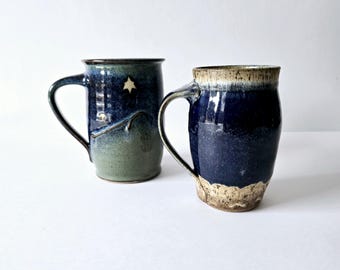 pair  handmade stoneware mugs Blue Green Brown studio pottery mugs