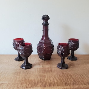 Avon Cape Cod Ruby Red Wine Glasses and Decanter Vintage Avon Ruby Red Cape Cod Dinnerware Wine Decanter & 4 Goblets
