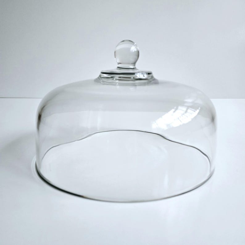 May include: A clear glass cake dome with a round knob on top. The dome is designed to cover and protect cakes and other desserts.