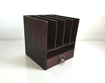 Vintage Wood Desk Organizer with Drawer Upright Slot File Caddy Office Storage