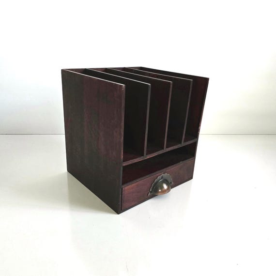 Vintage Wood Desk Organizer with Drawer Upright Slot File Caddy Office Storage