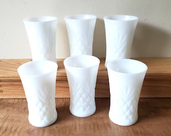 6 vintage Anchor Hocking Pineapple Fan milk glass tumblers  /details in description