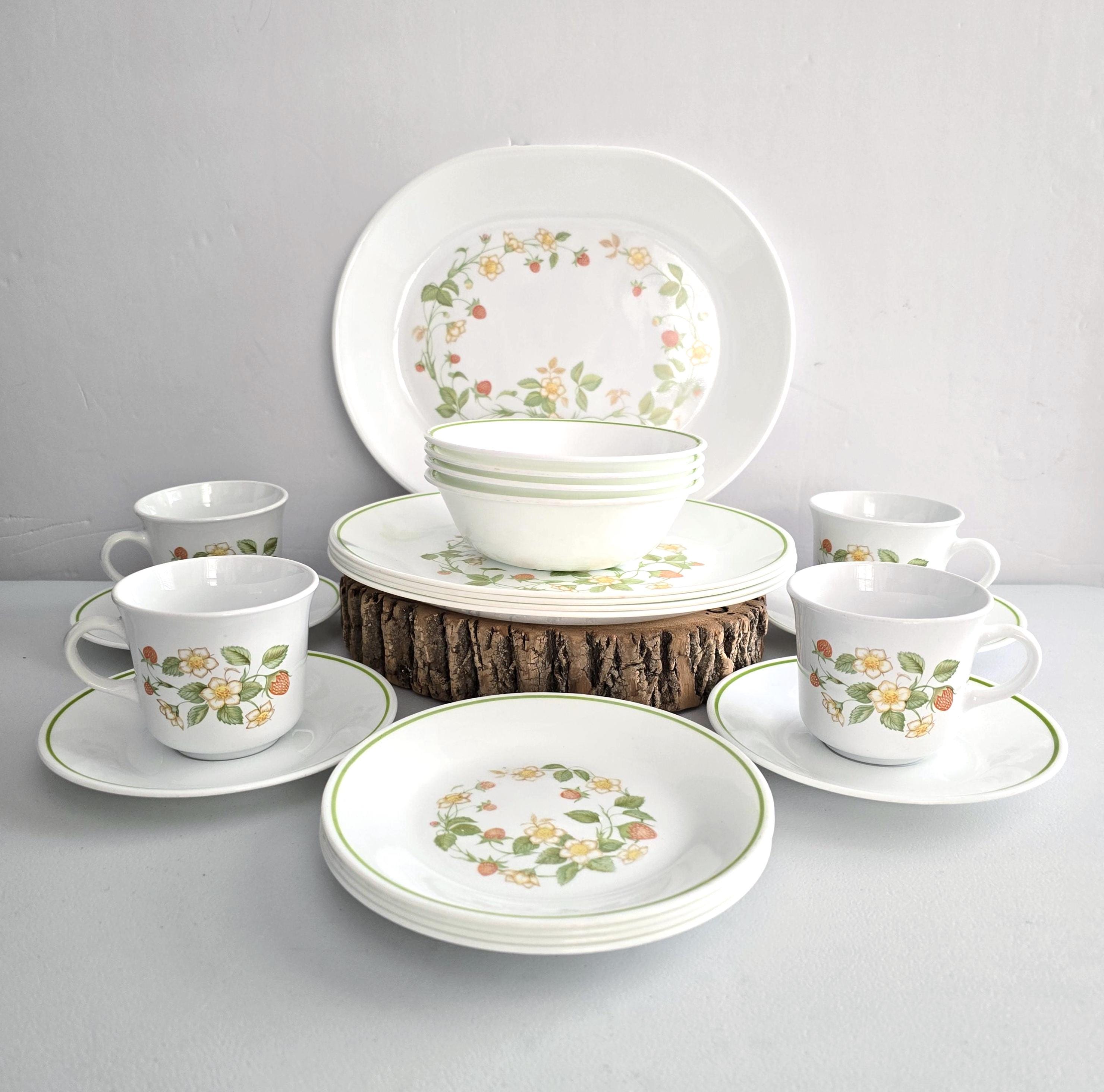 Vintage Corelle Strawberry Sundae Dinnerware: 21 Piece Set for 4