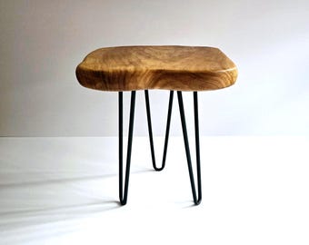 vintage wooden stool: low profile stool hairpin legs