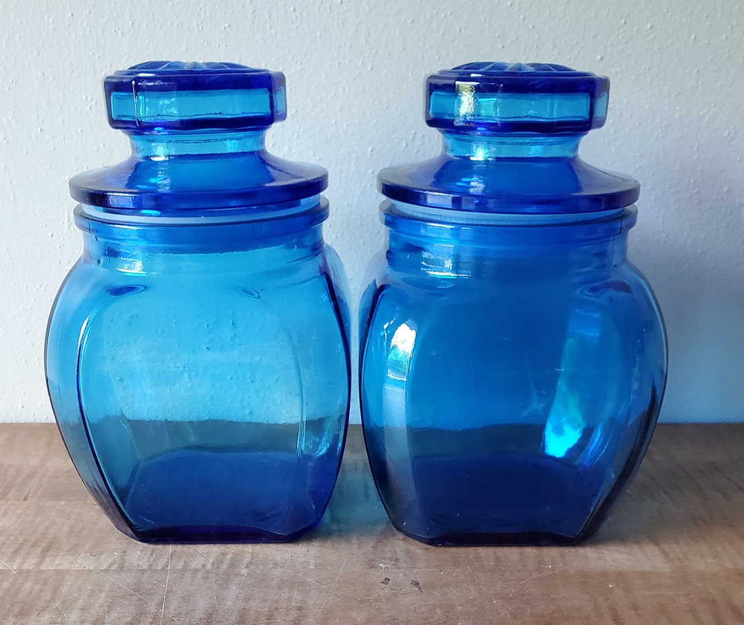 Vintage Blue Glass Apothecary Jars Blue Canisters Etsy