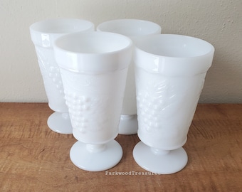 Vintage Milk Glass Goblets, Harvest Grape Footed White Tumblers Anchor Hocking