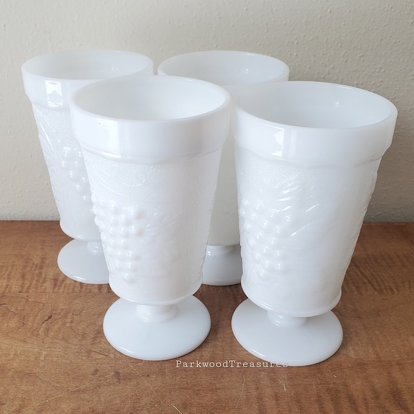 Vintage Milk Glass Goblets, Harvest Grape Footed White Tumblers Anchor Hocking