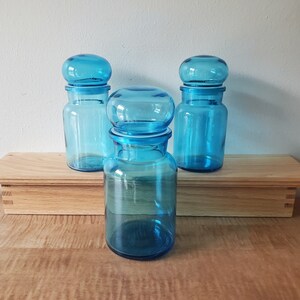 3 vintage Belgium Ice Blue glass apothecary jars  /details in description