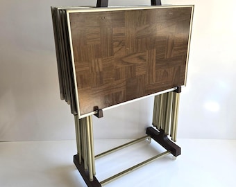 Vintage TV Trays with Stand Mid Century Faux Wood Folding Tray Tables Luncheon TV Trays Folding Coffee Table End Table