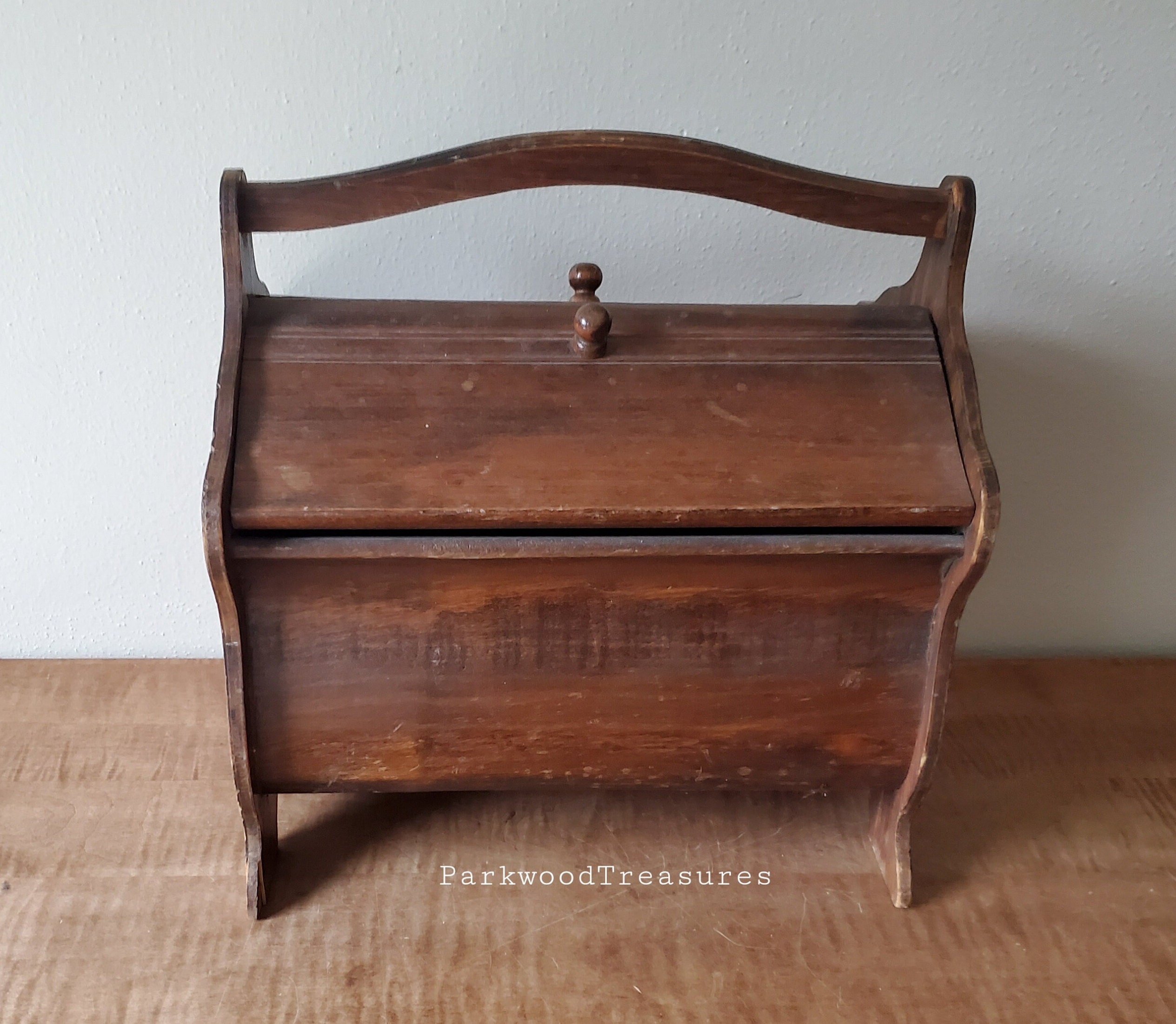 UNIQUE 1960s wooden SEWING BOX, lid with handmade inlays – VINTARAMA