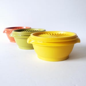 Tupperware containers Servalier lids vintage Tupperware food storage plastic containers in Green Orange Yellow