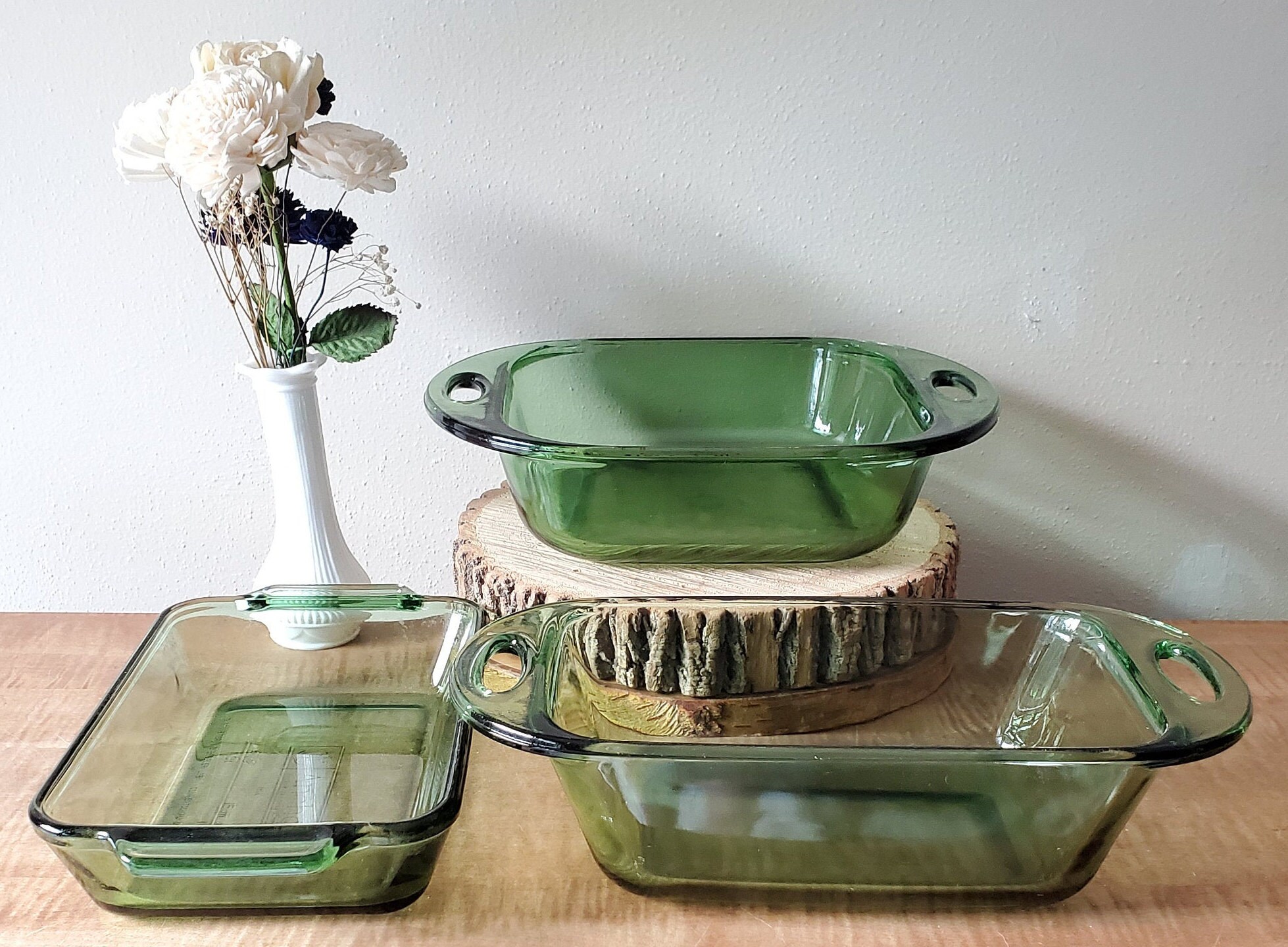 Vintage Anchor Hocking Green Glass Bakeware Casseroles Etsy