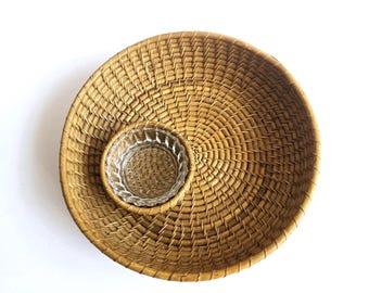 14" vintage wicker snack basket with glass dip bowl