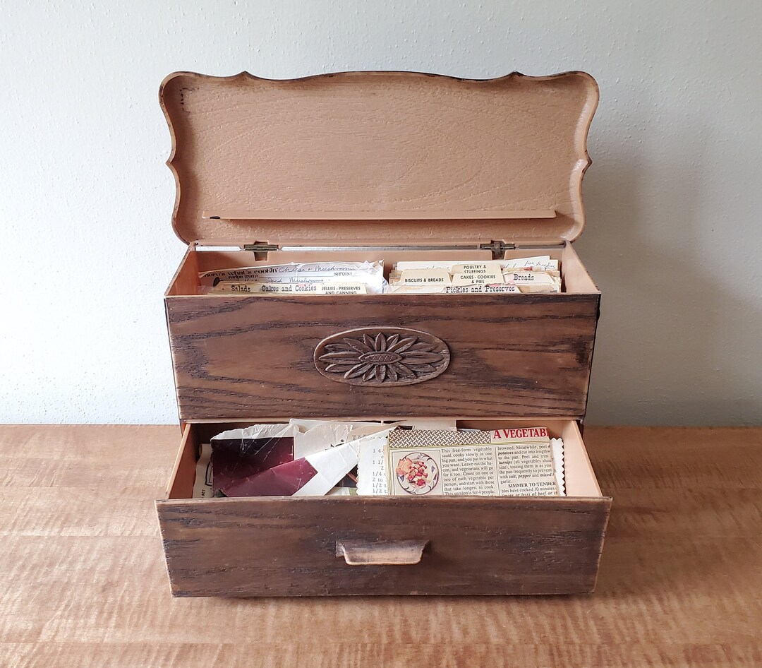 Vintage Recipe Box, Large Plastic 3x5 File Box Drawer Lid With
