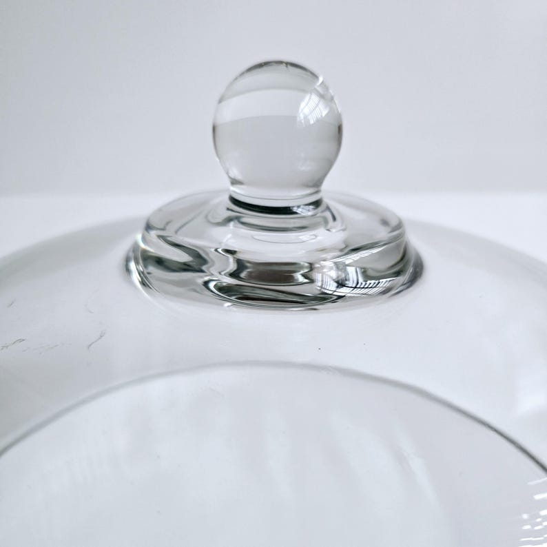 May include: A clear glass cloche with a round knob on top. The cloche is designed to cover and protect food.