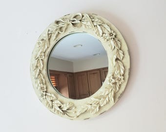 Vintage Carved Round Wall Mirror Resin Bow Leaf Floral Antiqued Finish 15.5"