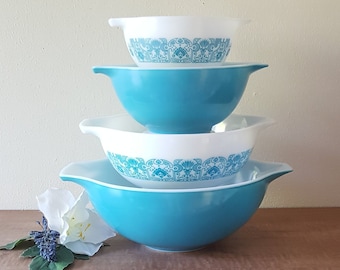 Vintage Pyrex Horizon Blue Cinderella Mixing Bowls Set of /details in  description