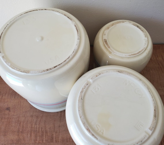 Vintage Mccoy Pink & Blue Banded Canisters - Set of 3 /details in