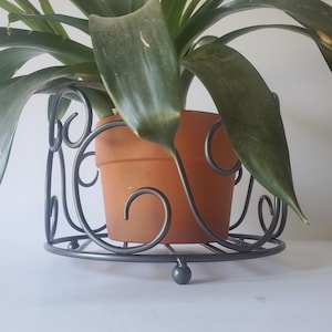May include: A black metal plant stand with a decorative scroll design. The stand has a round base and supports a terracotta pot with a green plant.