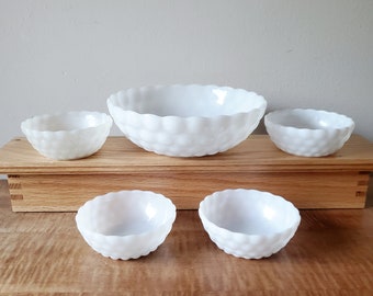 Mid Century Milk Glass Bubble Bowl with 4 Berry Bowls by Anchor Hocking