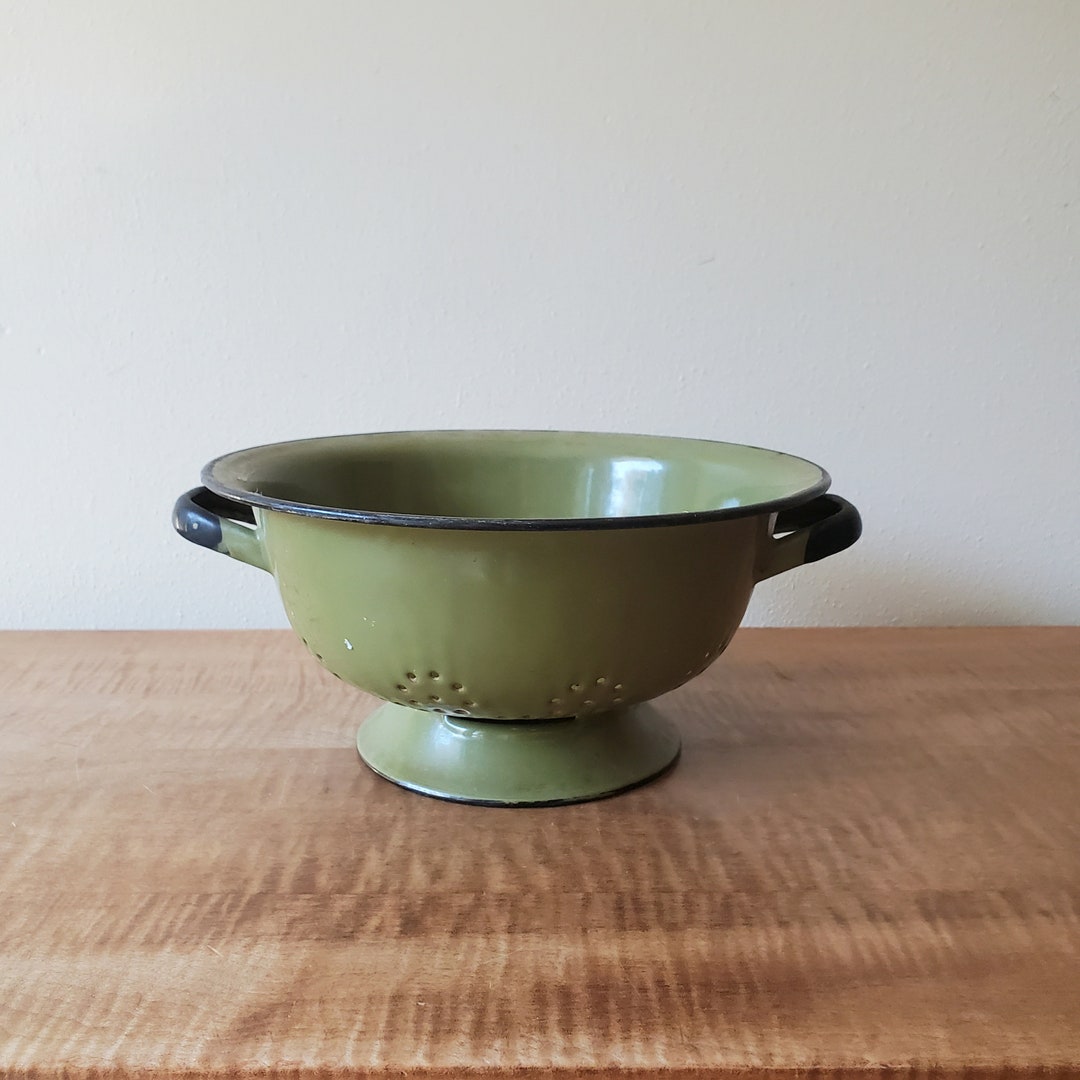 Vintage Colander Green Enamel Metal Colander With Pedestal Base Etsy