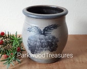 Vintage Christmas Rowe Pottery Works 4 1 2 quot Salt Glaze with Blue Pine Cone Design Crock
