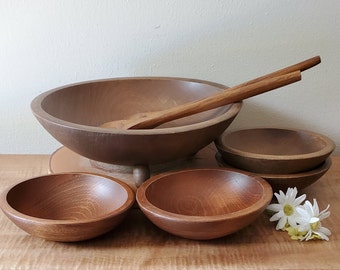 Vintage Wooden Salad Bowl Set, Set Wooden Bowls, USA