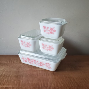Vintage Complete Pink Gooseberry Refrigerator Dish Set