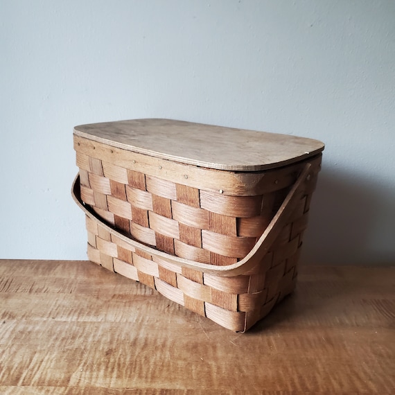 Vintage Picnic Basket, Woven Wood Picnic Basket, W