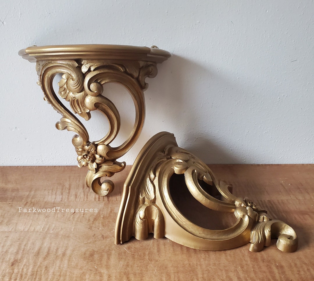 Vintage Wall Sconce Shelves, Syroco Ornate Gold Wall Sconces, Wall