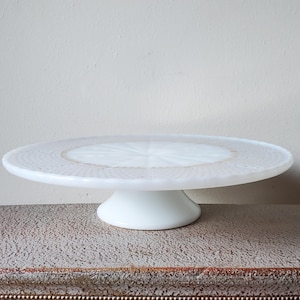 Vintage White Pedestal Cake Stand, 10&quot; Gold Fleur de Lis Dessert Plate, Anchor Hocking