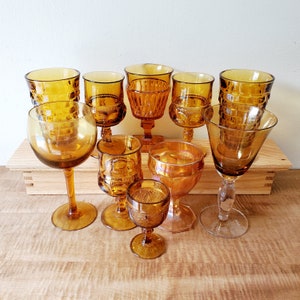 10 mismatched amber goblets vintage mixed amber wine glasses