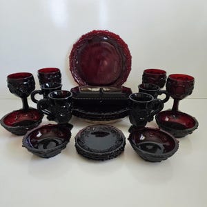 Avon Cape Cod Ruby Red glass dishes vintage 1876 Cape Cod glasses bowls and plates 21 Piece set for 4 guests