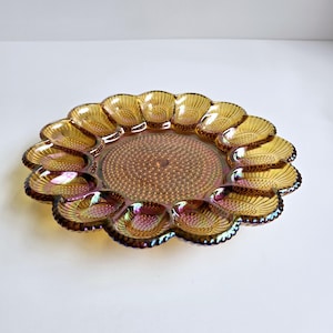 amber Carnival glass deviled egg plate vintage Anchor Hocking Dew Drop Hobnail iridescent gold divided egg tray