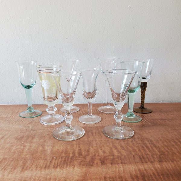 Vintage Mixed Color Glassware, Shot Glasses, Long Stemmed Shot Glasses, Cordial Glasses, Liquor Glasses