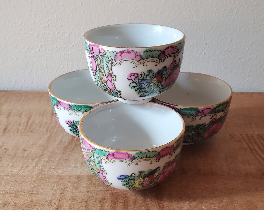Vintage Porcelain Tea Cup Set Demitasse Cups, 4 Chinese Painted ...