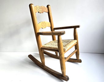 Vintage Donie Child's Rocking Chair, Rush Seat - Bear & Bunny 1994 - Photo Prop