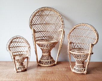 Vintage Wicker Peacock Chair Plant Stand, Wicker Plant Chair, Set of 3 Sizes